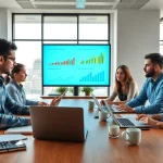 SEO Agentur Düsseldorf optimizes a strategy with a diverse team in a bright office.
