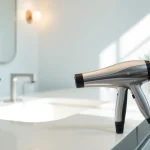 Efficient hair dryer for fine hair displayed on a stylish vanity.