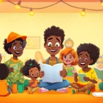 A lively depiction of African American Cartoons featuring joyful characters engaged in community activities.