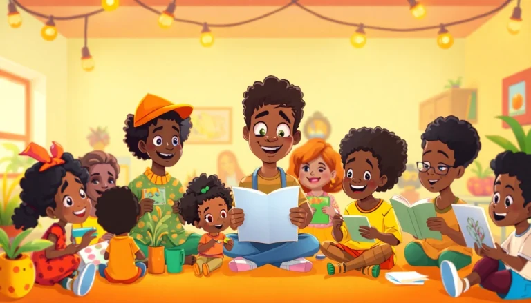 A lively depiction of African American Cartoons featuring joyful characters engaged in community activities.