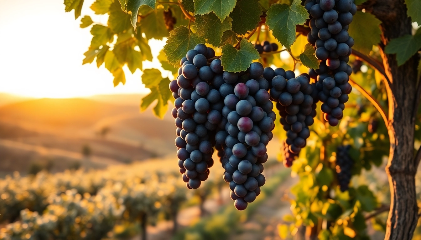 Tempranillo grapes in a vineyard at sunset, showcasing ripe clusters and scenic landscape.