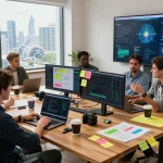Innovative workspace scene highlighting IODeFi cloud mining strategies with professionals collaborating and advanced tech.