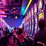 Permainan aplikasi slot dengan mesin modern di kasino, menampilkan interaksi pemain penuh semangat.