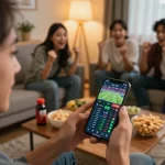 Engaging in sports betting with nk88e on smartphone while enjoying friends' company at home.