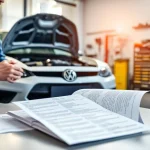 Mechanic examining extended car warranty for used cars paperwork, promoting vehicle protection.