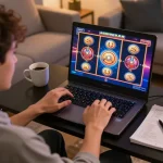 Engaging gameplay of slot bonus new member 100 on a laptop with colorful graphics in a cozy home setting.