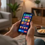 hb88 player placing bets on smartphone in cozy home setting, showcasing online gaming