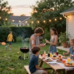 Families applying mosquito repellent while enjoying a summer barbecue gathering outdoors.
