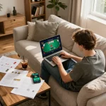 Playing casino online stranieri sicuri from home with an engaging poker game displayed on the laptop.