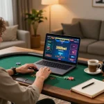Engaging poker gameplay on 388bet displayed on a laptop amidst a cozy and inviting home setup.