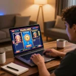 Engaging gameplay on slot thailand games via laptop in a cozy home setting, emphasizing strategic online gambling.