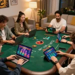 Playing blackjack with friends online using sunwinapk app in a cozy living room.