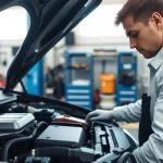 Inspecting engine for extended car warranty for used cars with a mechanic in a garage.
