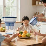 Family enjoying healthy filtered water from Waterdrop Plus 5231JA2002A NSF 401&53 Refrigerator Water Filter in bright kitchen.