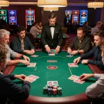 Engaging poker tournament showcasing top quality widgets in casino atmosphere, colorful chips and intense players.