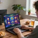 Player enjoying slot games on a laptop in a cozy home setup with snacks