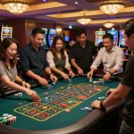 Players engaging at a roulette table in a casino, showcasing excitement and strategies with slot server kamboja in action.