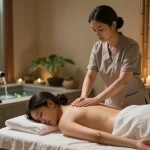 부드러운 분위기 조명이 있는 평화로운 스파 환경에서의 편안한 강남스웨디시 마사지 장면.