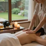 신사동마사지 session in a luxurious spa with serene lighting and calming atmosphere.