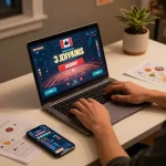 Engaging in Canada online casinos reddit gameplay at home, laptop showing dynamic game interface.