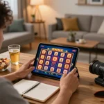 Engaged user playing slots on a tablet in a cozy setting, emphasizing fun and responsible gaming with sunwinapk.