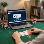 Engaging poker gameplay on DEWAPOKER displayed on a laptop in a cozy home setting.