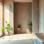 Create an elegant shower UK space highlighting modern design features and a relaxing atmosphere.