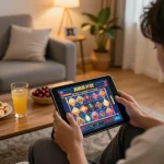 Play judi slot on a tablet in a cozy home setting with snacks and drinks