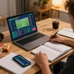 Engaging online sports betting setup highlighting siti scommesse stranieri legali with a person analyzing stats and odds.