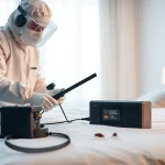 Engaged technician providing bed bug extermination services in a clean bedroom.