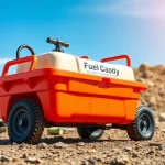 Fuel Caddy showcased with tools for easy outdoor refueling, emphasizing portability and durability.