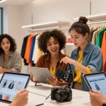 Engaging online shopping experience on shs-dome5.com with diverse young adults browsing trendy fashion.