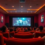 ดูหนังในโรงภาพยนตร์อบอุ่นเต็มไปด้วยผู้คนตื่นเต้น