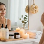 Aplicarea cremei hidratante pentru față într-o baie serenă cu o ambianță liniștitoare.