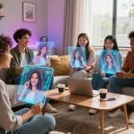 Young adults interacting with AI girlfriend interfaces in a cozy living room, showcasing modern companionship technology.