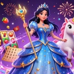 Engage with slot88 in a vibrant 3D scene featuring a glamorous woman and magical unicorn amidst dynamic slot game elements.