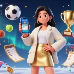 Experience thrilling sports betting with UFABET through a smartphone app, surrounded by dynamic gaming elements.