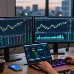 Automated bitcoin mining showcased in a professional workspace with cryptocurrency wallet and trading tools.