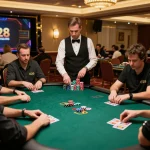A stunning poker scene showcasing intensity at g28 trang chủ, with players engaged in high-stakes gameplay under warm casino lights.