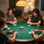 Pemain yang merencanakan strategi dalam permainan poker santai di rumah, menyoroti paris888 saat mereka terlibat dalam permainan kompetitif.