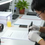 Bóc sổ đỏ ép plastic trong một xưởng khôi phục tài liệu chuyên nghiệp, thể hiện các kỹ thuật gỡ bỏ cẩn thận và thiết bị chuyên dụng.