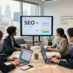 SEO Company in NYC team collaborating on digital marketing strategies in a contemporary office, showcasing teamwork and innovation.