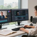 Video to prompt generated from a workspace showcasing a professional analyzing video clips on dual monitors, emphasizing tech creativity.