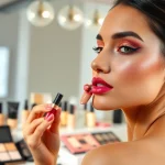 Showcasing vibrant wholesale make up products with a model applying lipstick.