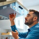 Vent hood repair expert fixing kitchen ventilation with advanced tools and attention to detail.