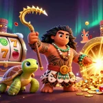 Engage with PG slot excitement featuring a Polynesian demigod and vibrant casino elements in a 3D scene.