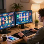 Engaging in b52 online slot gaming from a modern home setup, showcasing gameplay interface with strategic notes nearby.
