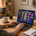 Engaging session of playing slot online on a laptop in a stylish home setup, showcasing gaming strategy notes.