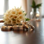 Showcasing stylish mens wedding rings crafted with precision and elegance on a wooden surface.