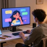 Interactive NSFW AI chat session in a cozy home office with animated characters and engaging digital environment.